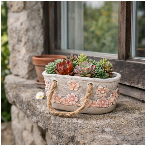 Keramik Pflanzgefäß "Tasche" Kordel, Blüten