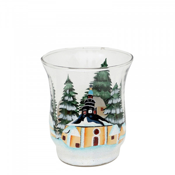 Sigro Seiffen Teelichthalter Ø 8 cm aus Glas mit Weihnachtsmotiv