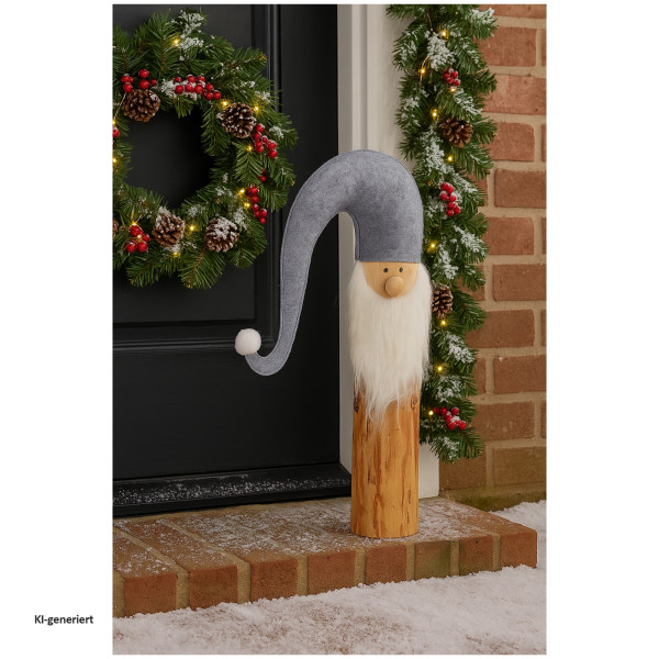 Wichtel Filz stehend auf Holzstamm grau 58cm