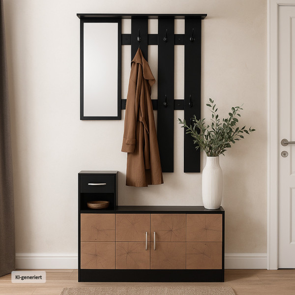 Garderobenpaneel mit Spiegel und Schuhschrank Schwarz-Baumscheibe