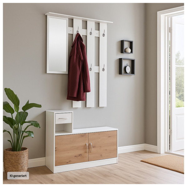 Garderobenpaneel mit Spiegel und Schuhschrank Weiß-Artisaneiche