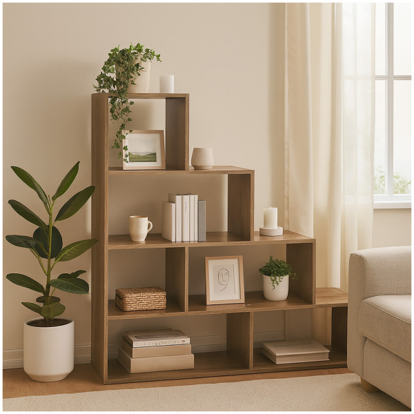 HTI-Living Bücherregal 114 x 114 x 30 cm vielseitig einsetzba Stufenregal in Eiche Holzoptik Raumtei