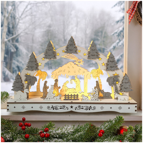 Schwibbogen Heilige Familie mit Krippe Weiß Grau