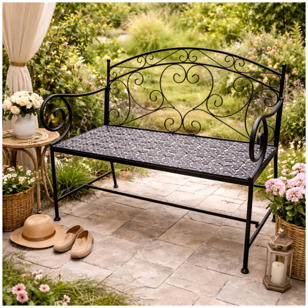 Gartenbank Celia "Black and White" Motivdruck/schwarz Metall