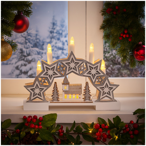 Schwibbogen Sterne und Kirche Weiß Grau