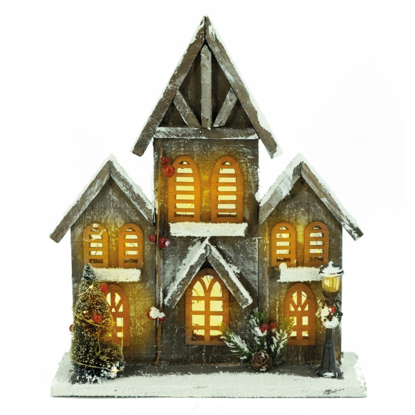 Kirche aus Holz mit 15 Micro LED, coffee/weiß, ba