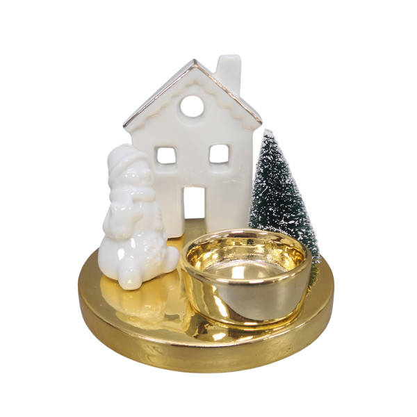 Teelichthalter mit Haus, Schneemann und Baum