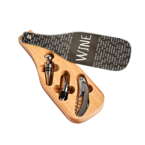 Wein-Set, 4-tlg., Gummibaum/Glas/Edelstahl