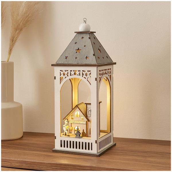 Weihnachtsdeko Laterne mit Kirche Weiß Grau