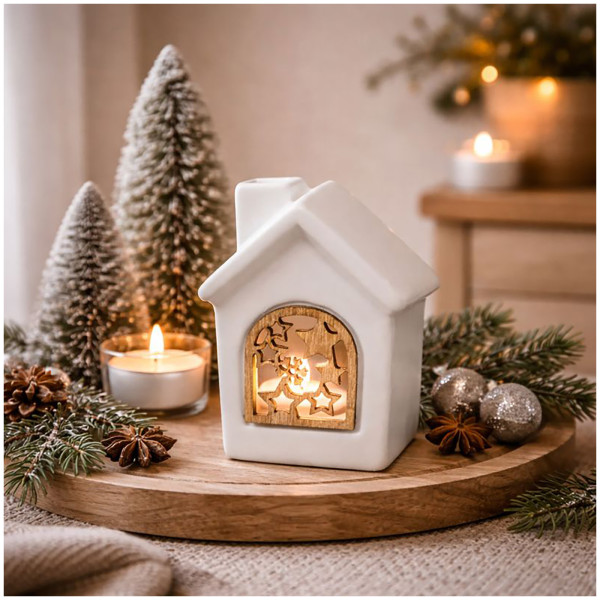 HTI-Living Weiß LED Keramikhaus mit Holzfenster