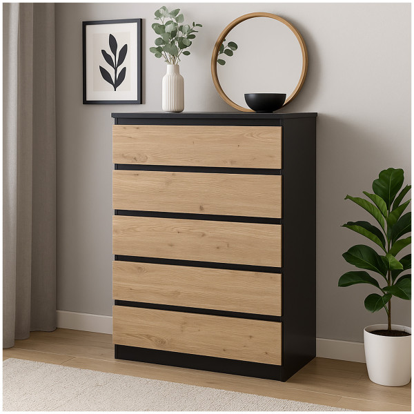 HTI-Living Schwarz Artisaneiche Kommode mit 5 grifflosen Schubladen