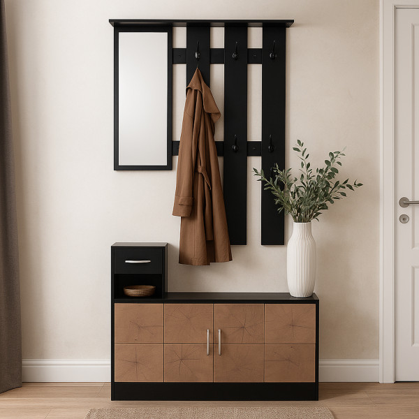 Garderobenpaneel mit Spiegel und Schuhschrank Schwarz-Baumscheibe