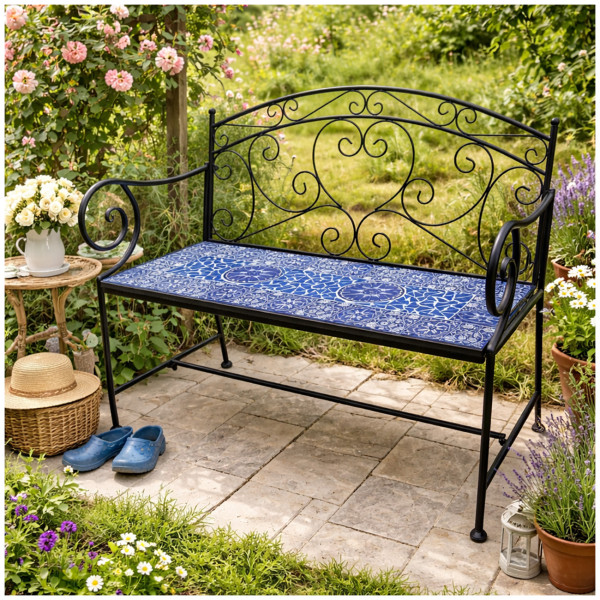 Gartenbank Marocco blau Motivdruck/schwarz Metall