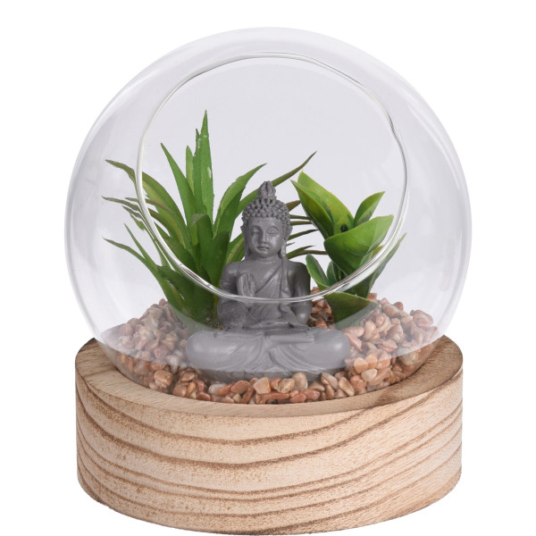 DEKO PFLANZE IN GLASKUGEL MIT STEINEN UND BUDDHA