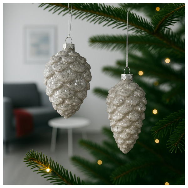 Glaszapfen 2er Set Weiß glitzer