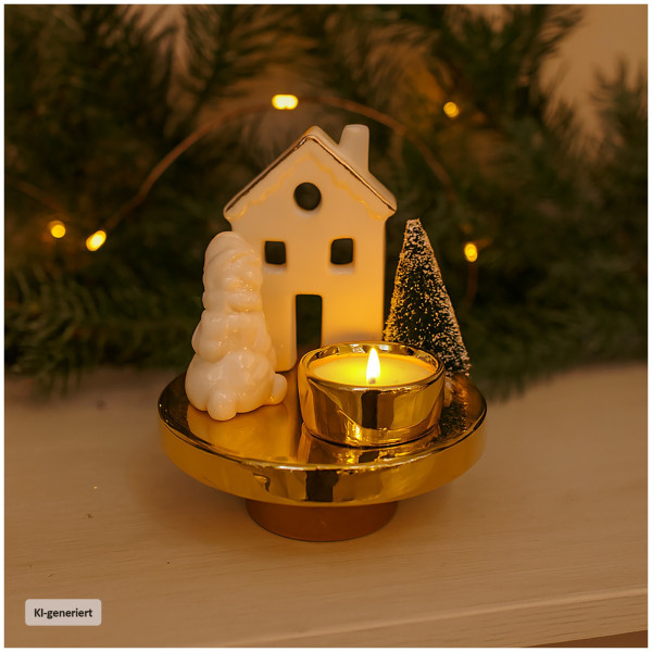 Teelichthalter mit Haus, Schneemann und Baum