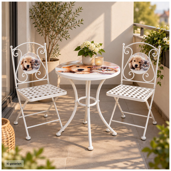 Gartentisch 2er Gartenstühle Hund und Katze Eisen Weiß