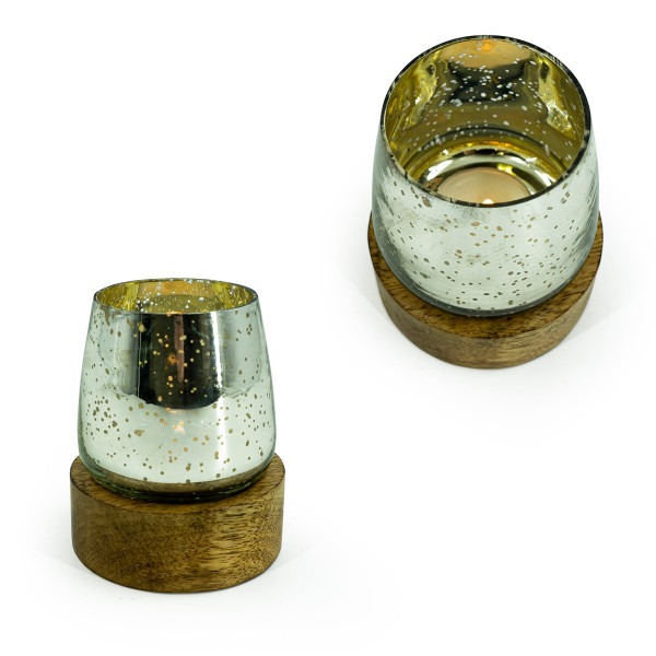 Kerzenhalter auf Mangoschale S, Mangoholz/Glas 2er