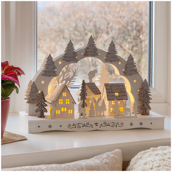 Schwibbogen Tannen und Dorf Weiß Grau