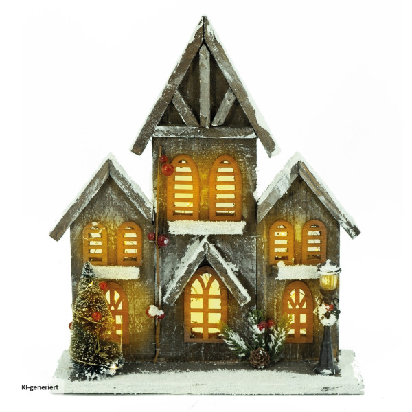 Kirche aus Holz mit 15 Micro LED, coffee/weiß, ba