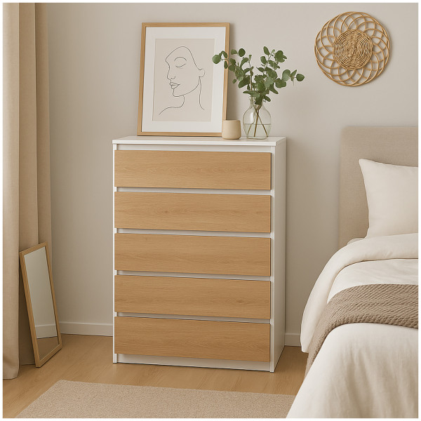 Kommode Thekla 5 Schubladen weiß-Artisaneiche