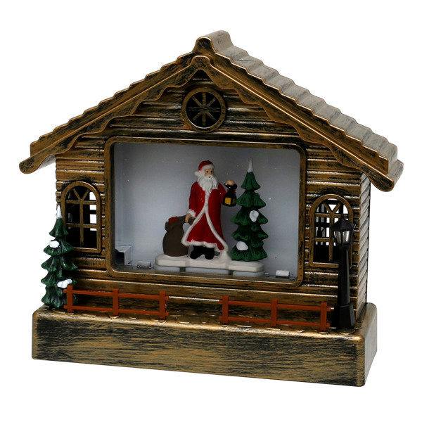 Acryl LED Haus, mit Santa, gold 23 x 9 x 26 cm