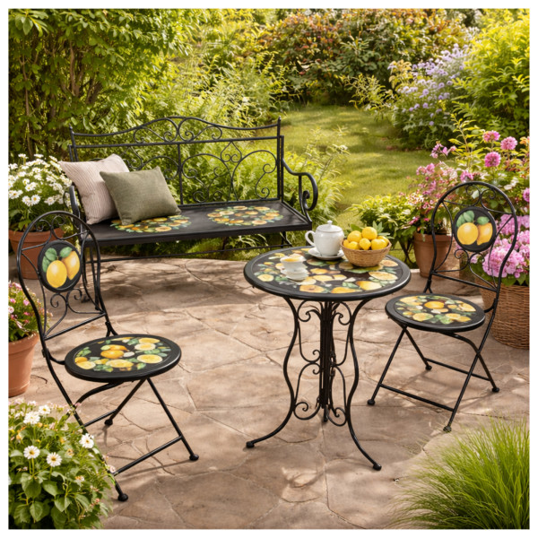 Gartentisch, 2 Stühle und Gartenbank Menton Schwarz