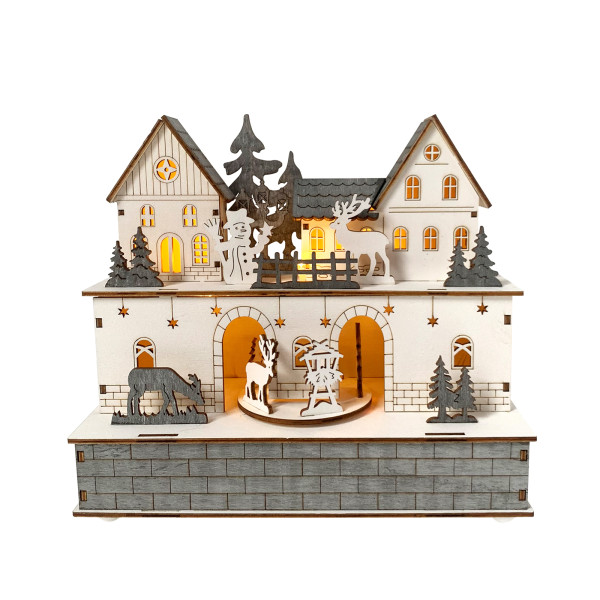 Weihnachtshaus mit beweglichen Figuren Weiß Grau